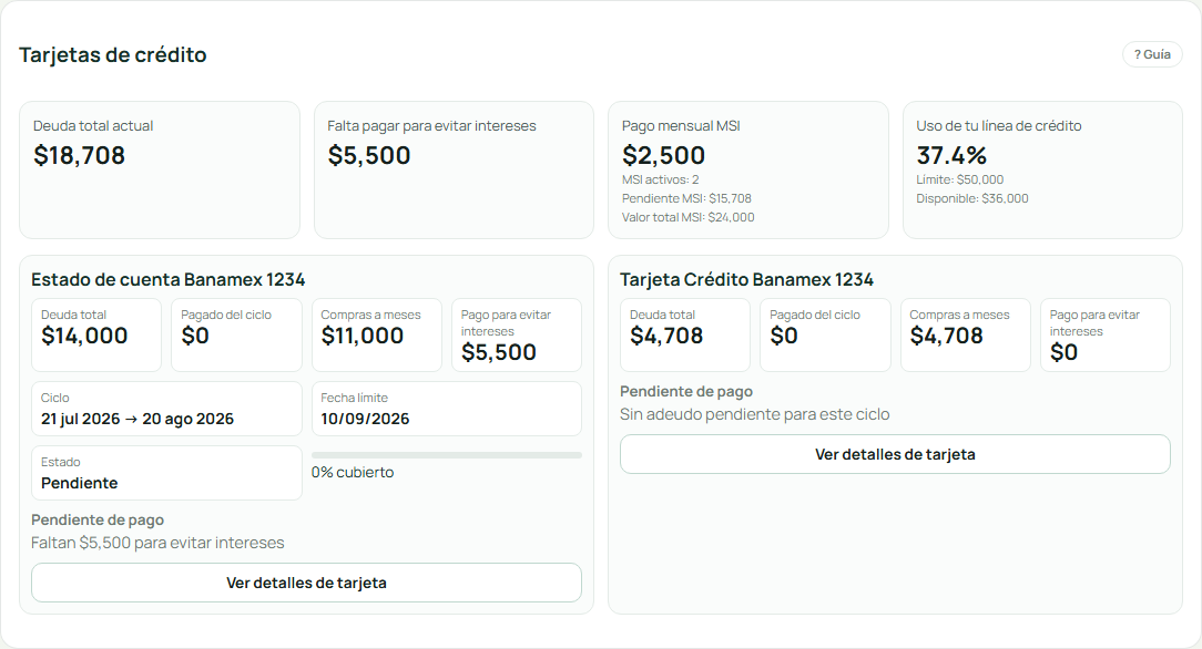 Módulo de tarjetas de crédito de VidaClara: deuda, pago para evitar intereses, MSI activos y uso de línea.